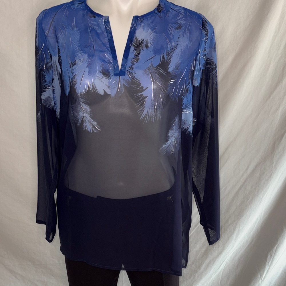 Susan Graver Elegant Blue Feather Print semi-sheer” Women's Top